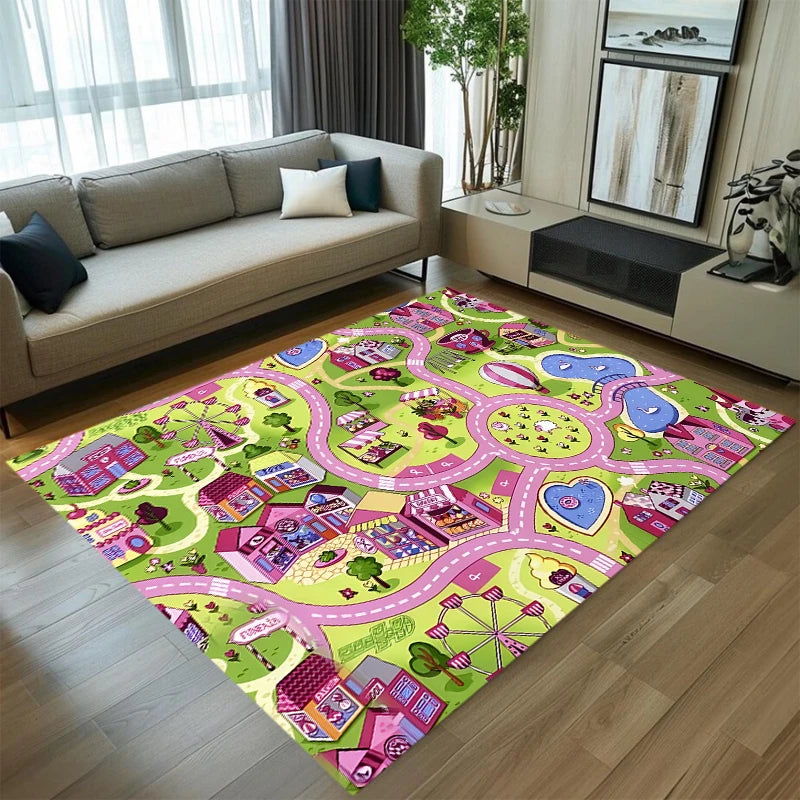 tapis jeu enfants thème urbain personnages animés rues voitures blanc rose