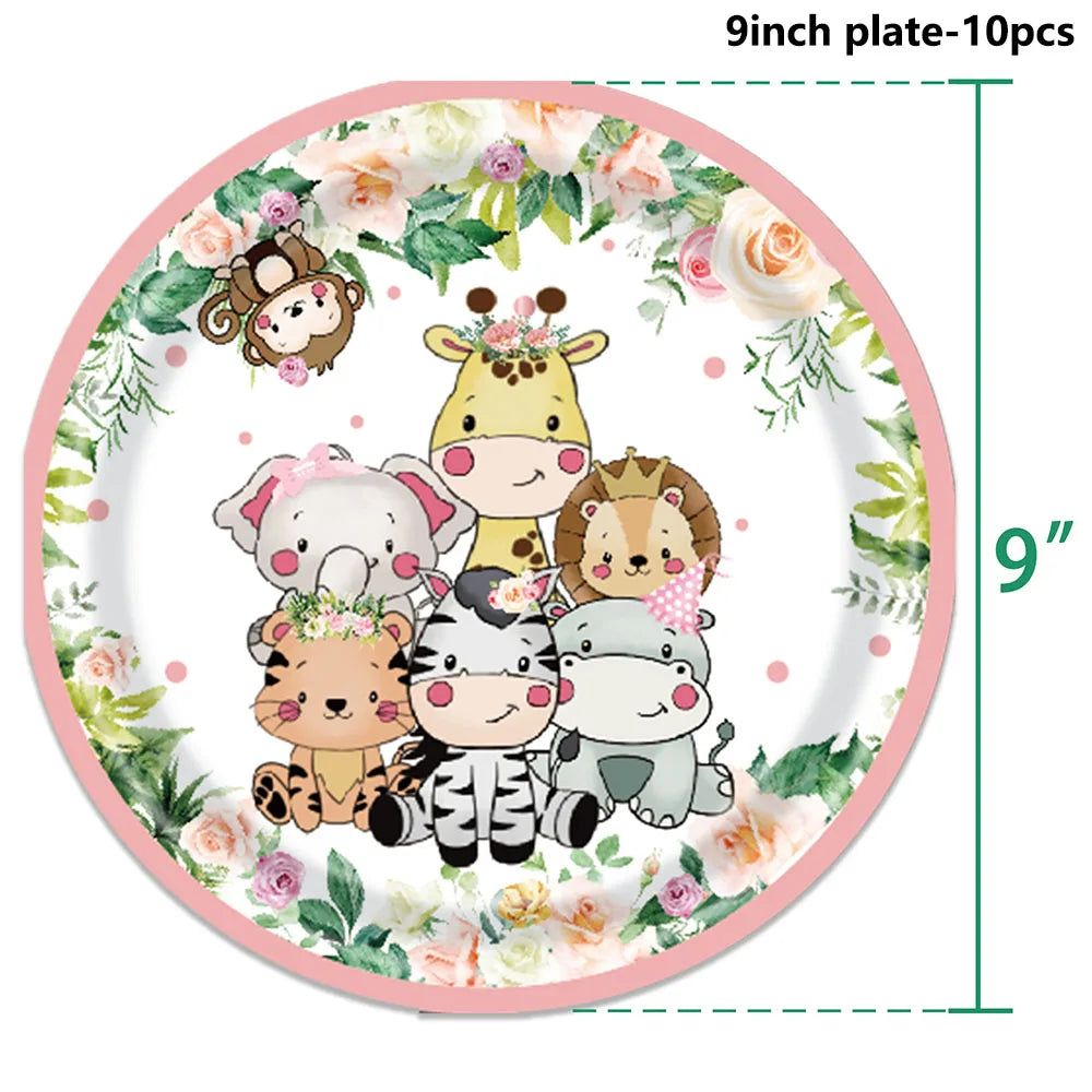 décoration anniversaire thème jungle animaux rose serviettes papier assiettes guirlande happy birthday nappe aquarelle