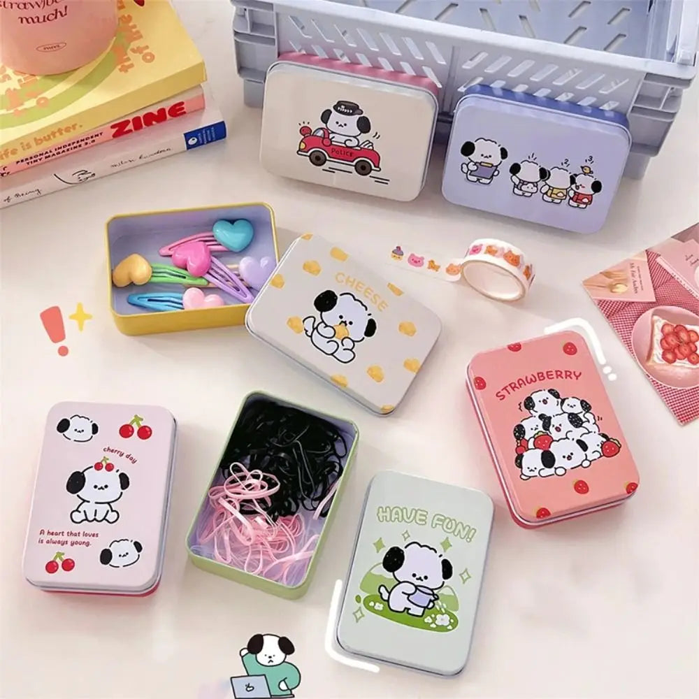 boîtes métalliques empilables cartoonesques chiens mignons couleurs vives clips pince cheveux autocollants have fun