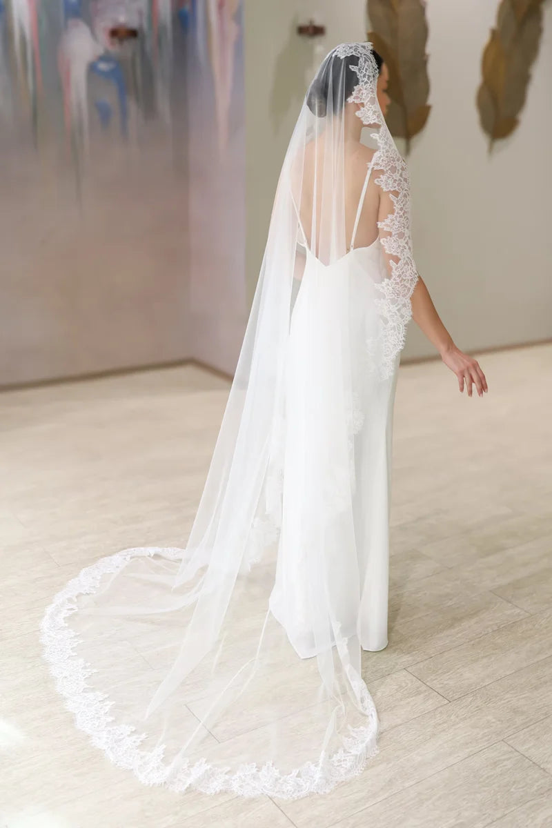 voile mariée dentelle polyester blanc crème classique élégant translucide bordure dentelle