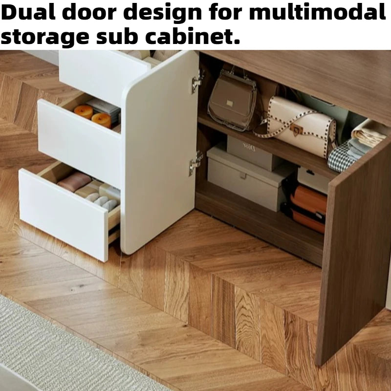 coiffeuse moderne minimaliste miroir led tabouret rangement tiroirs blanc marron foncé