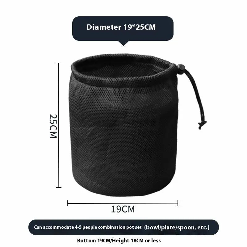 sac rangement noir maille opacité cordelette pratique camping cuisine pique nique organisation vaisselle barbecue