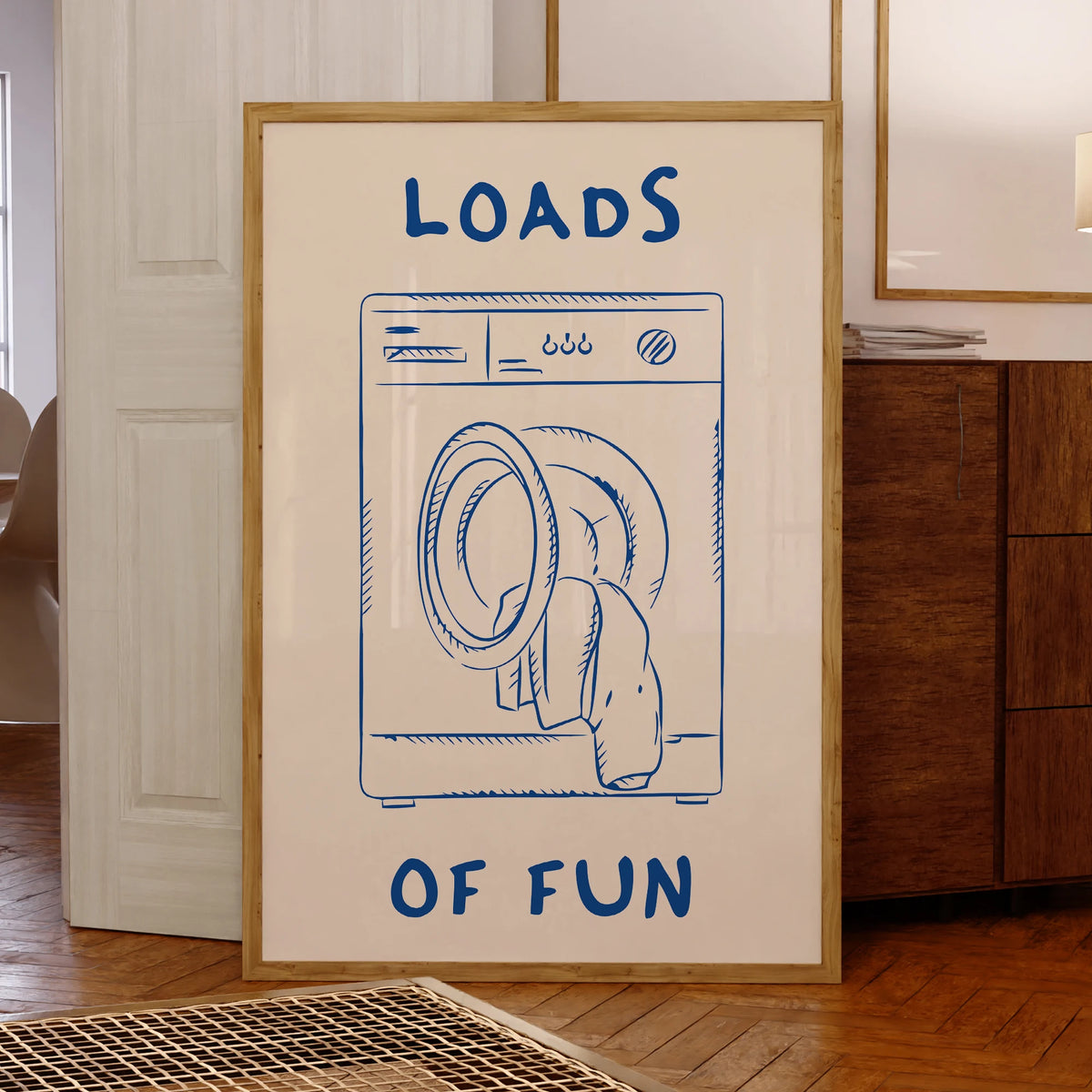 affiche graphique loads of fun machine laver blanche bleue noire decoration humoristique salon maison