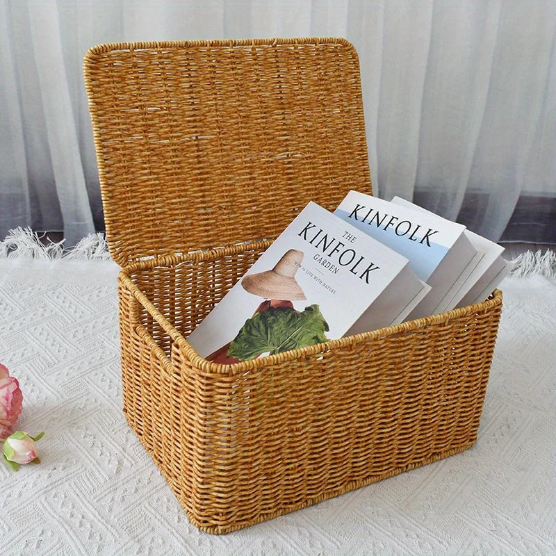 panier marron clair tressé rustique couvercle poignées intégrées rangement traditionnel durableintérieur chambre cuisine