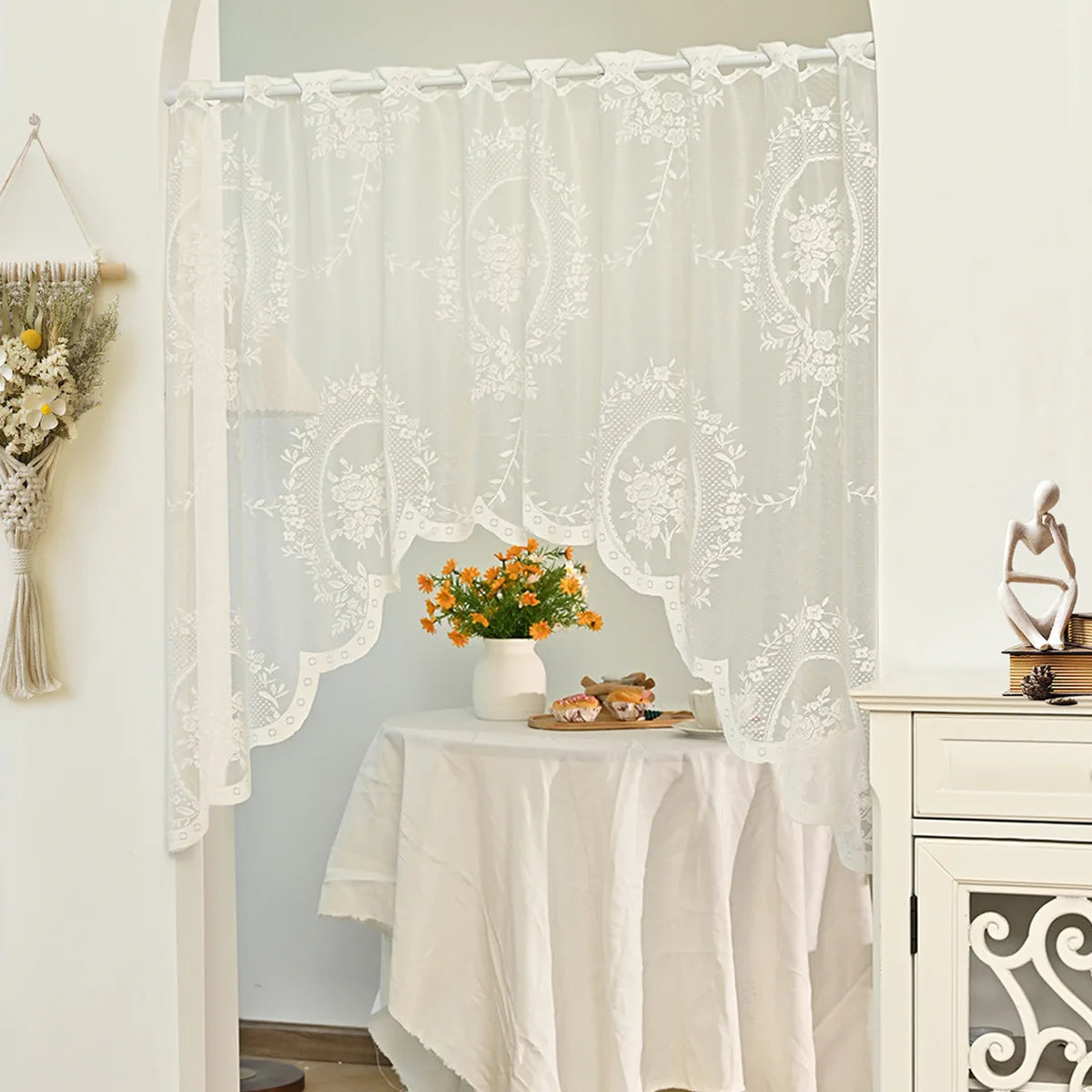 rideau fenêtre blanc motif floral polyester cuisine classique romantique translucent 150x100cm