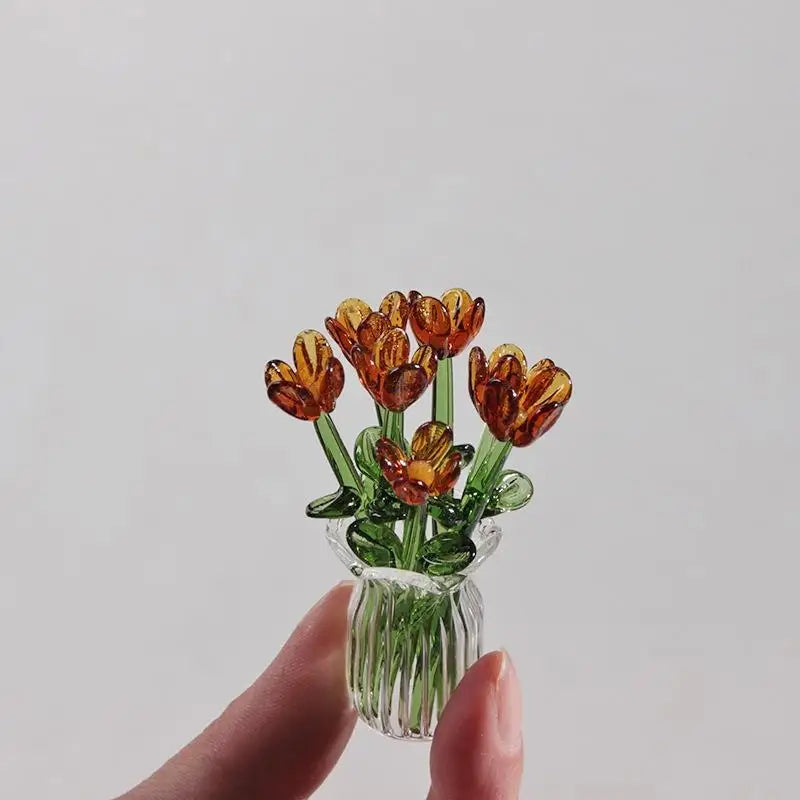 bouquet fleurs artificielles verre émaillé bleu orange jaune violet transparent miniature décoration fleur éternelle