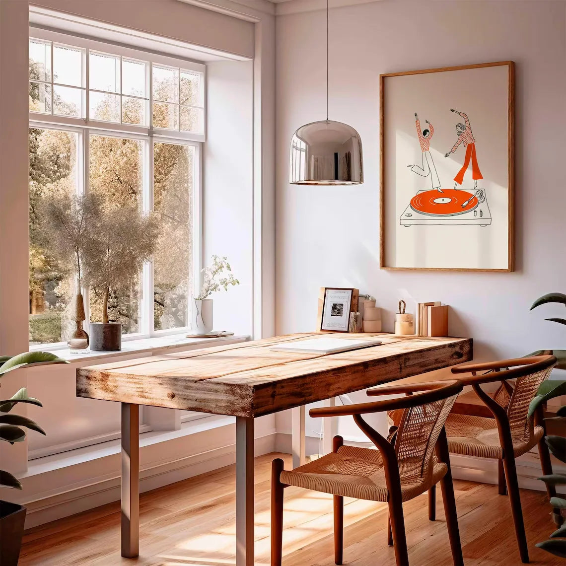 affiche moderne couple danse platine vinyle toile encadrée bois beige orange blanc gris marron