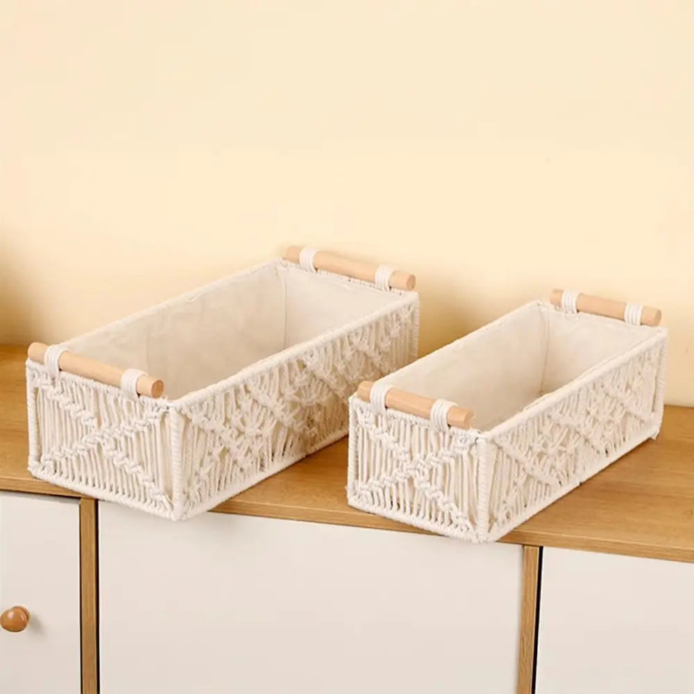 panier tressé bohème blanc motif floral rangement maison multipurpose poignée bois naturel