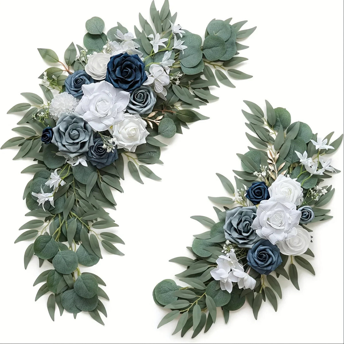 décorations florales artificielles mariage bleu roses feuilles eucalyptus extérieur romantique champêtre