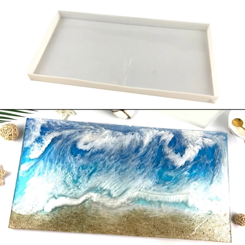 tablette résine moderne fond doré vague bleue blanche décoration plage coquillage fleur citronnée bougie