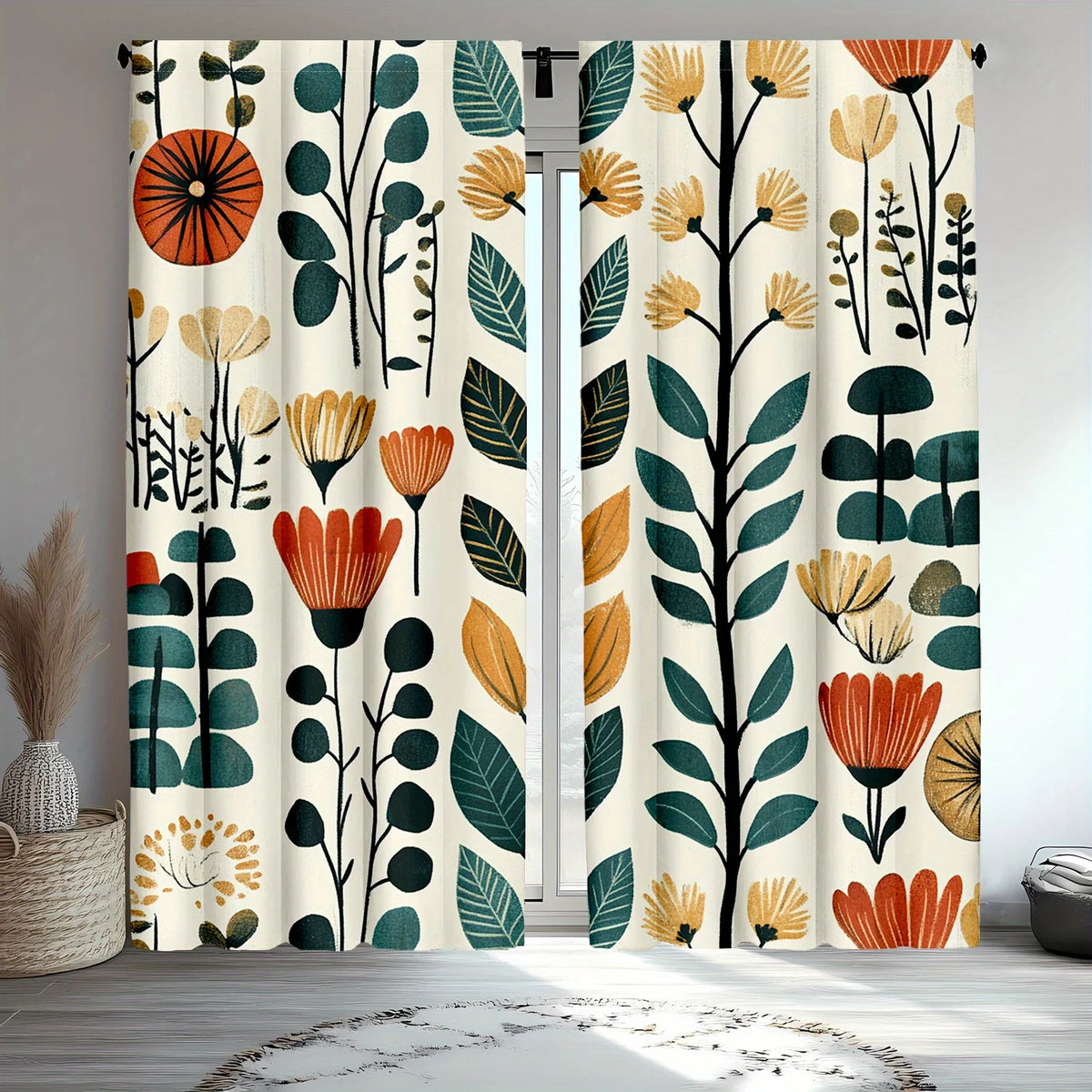 rideau moderne fleurs stylisées beige vert orange jaune noir opaque polyester fenêtre