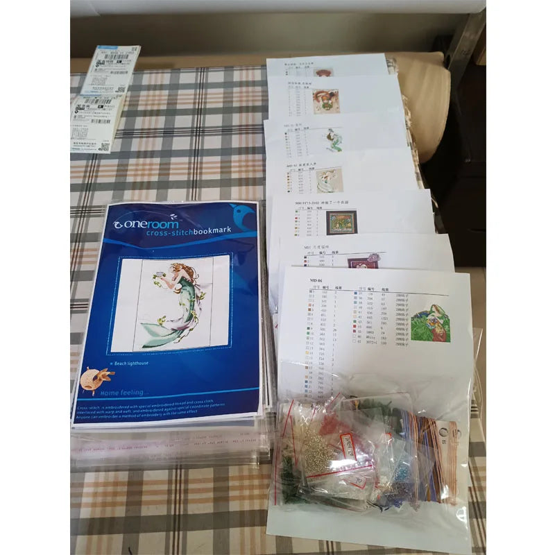 Kit broderie floral fruits scènes marché instructions rubans cartes couleurs aida coton traditionnel