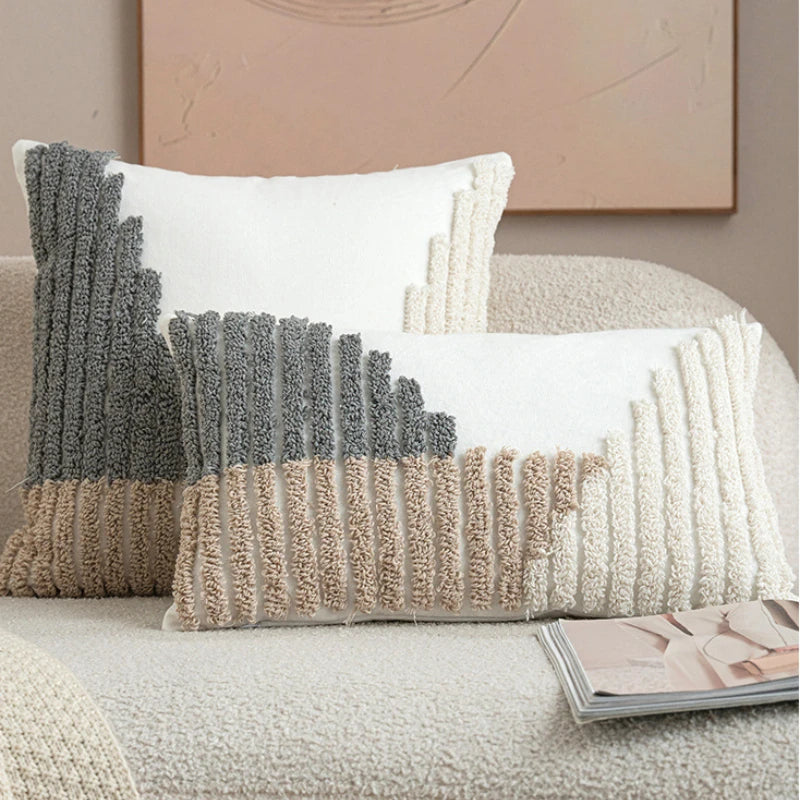coussin géométrique moderne polyester gris beige amovible lavable contemporain decoration interieur tufter boheme
