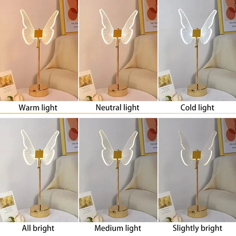 lampe table moderne papillon led or transparent décoration chambre veilleuse usb minimaliste