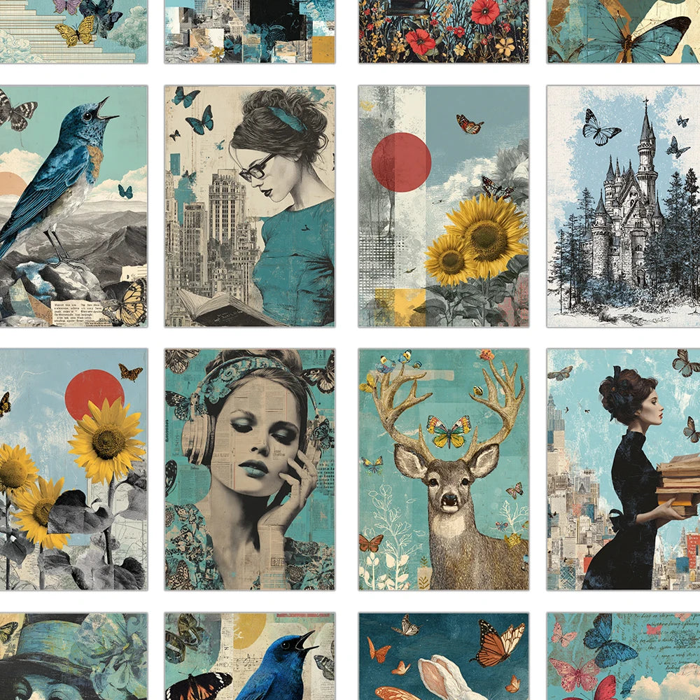 cartes postales vintage collage artistique animaux fleurs paysages urbains enveloppe inclusion