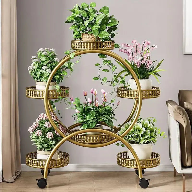 meuble plantes moderne blanc marron doré ajouré barreaux verticaux roulette grille bord relevé