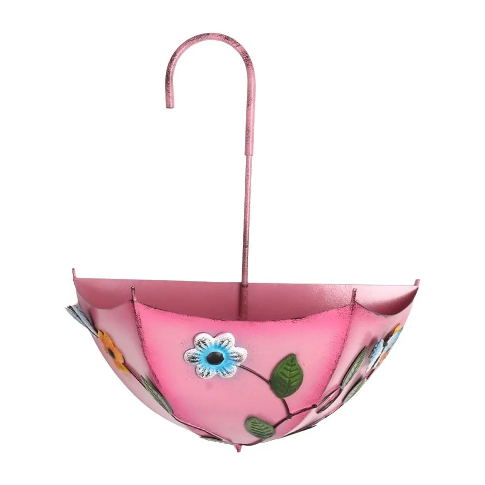 pots fleurs suspendus parapluies couleurs jaune bleu rose décorations florales motifs feuilles libellule rustique