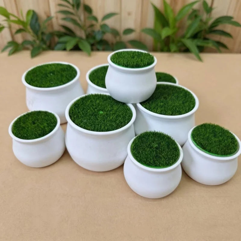 pots fleurs artificiels blancs fleurs crochetées fausse herbe verte décoration jardin