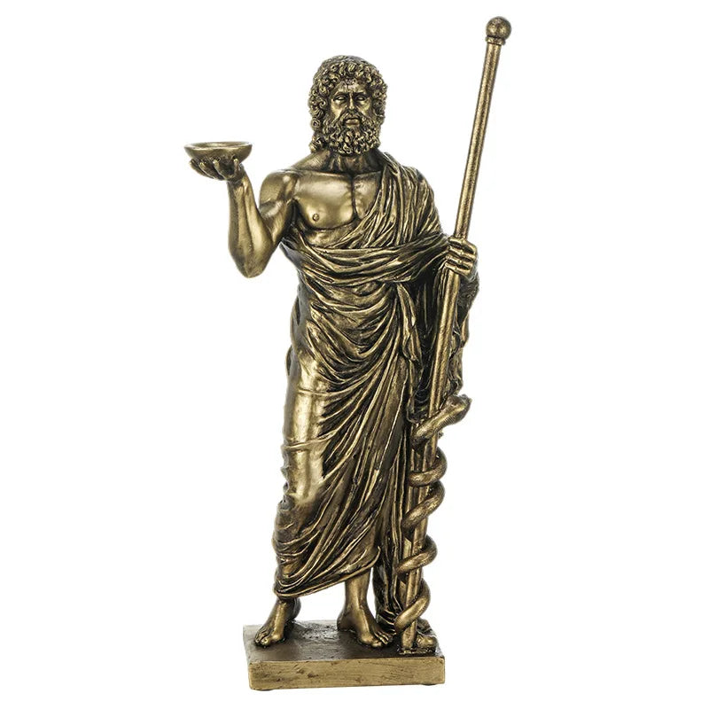 statue résine homme barbu asclépios bol serpent caducée bronze doré décoration maison antique