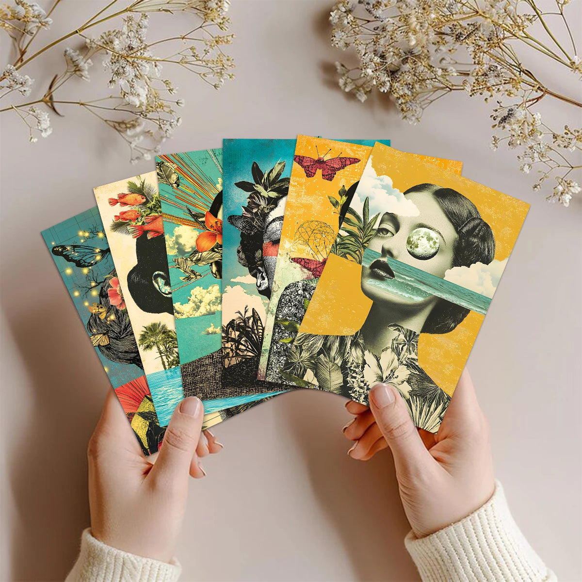 cartes postales art contemporain collage portraits fleurs papillons oiseaux clips magnétiques decoration maison bohème
