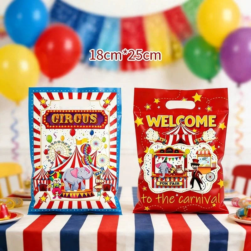 sacs fête thème cirque animaux ballons étoiles dorées poignée détachable multicolore anniversaire baby shower