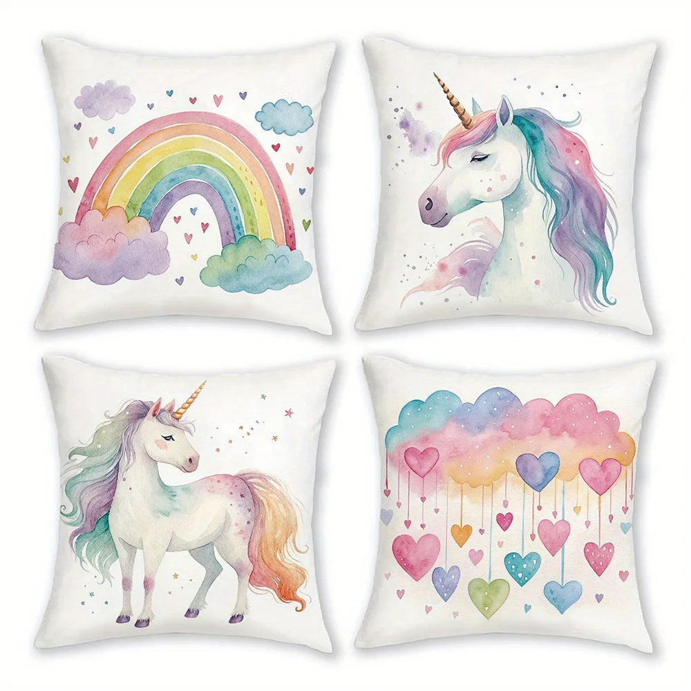 taies d'oreiller arc ciel licorne coeurs pastel enfant decoration maison lit polyester peachskin motifs