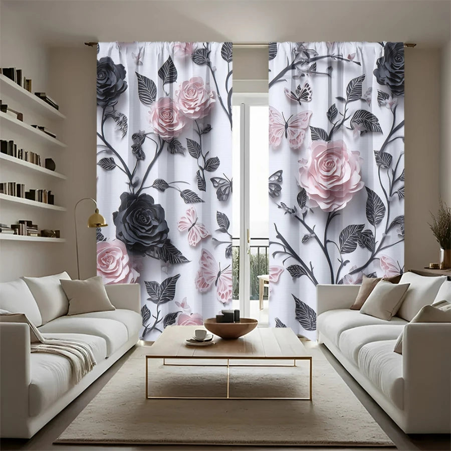 rideau moderne fleuri blanc rose noir floral 100 polyester dimension variable