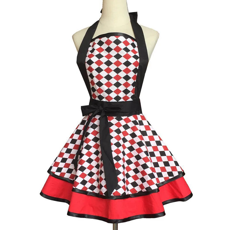 tablier femme polyestère rouge noir carreaux vintage élastique nouable service alimentaire drap fin points