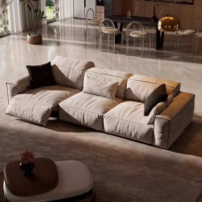 canapé d'angle moderne beige clair velours coussins tapis minimaliste scandinave maroc bois eléctrique