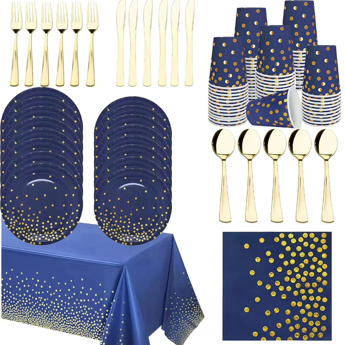 vaisselle jetable moderne assiettes bleu marine fourchette cuillère nappe dorée points festif