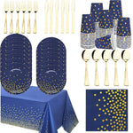 vaisselle jetable moderne assiettes bleu marine fourchette cuillère nappe dorée points festif