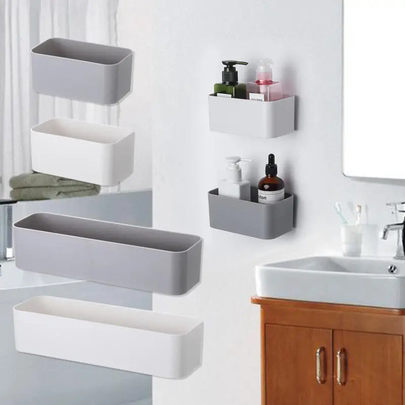 boîtes rangement murales adhésives modernes plastique blanc gris salle bain respectueuses environnement