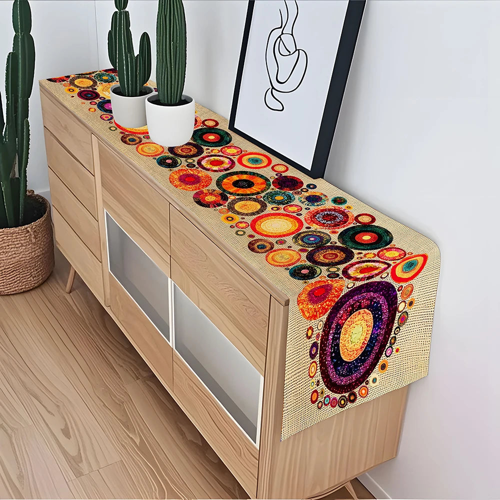 table table lin bohème motifs circulaires multicolores ethnique abstrait salle manger decoration