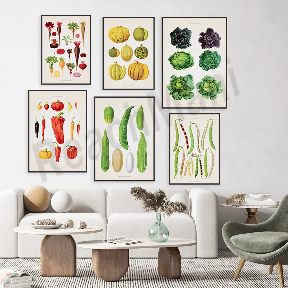 Une collection affichée de différents fruits et légumes botaniques en peinture, rehaussés de couleurs vives et de détails réalistes.