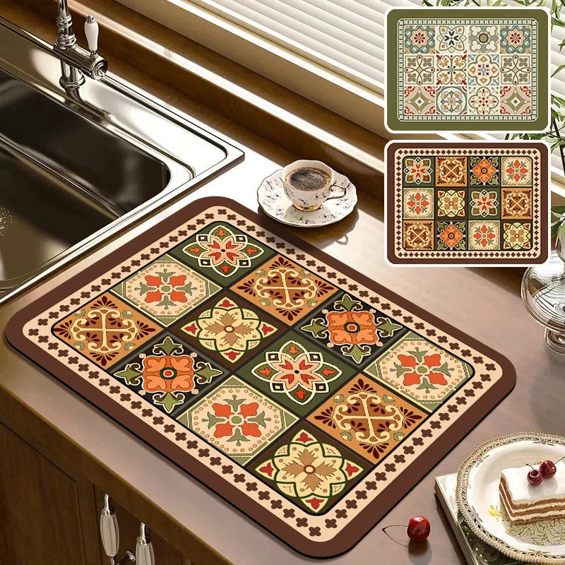 tapis cuisine classique geometrique floral vert marron beige rouge orange bleu polyester respectueux environnement