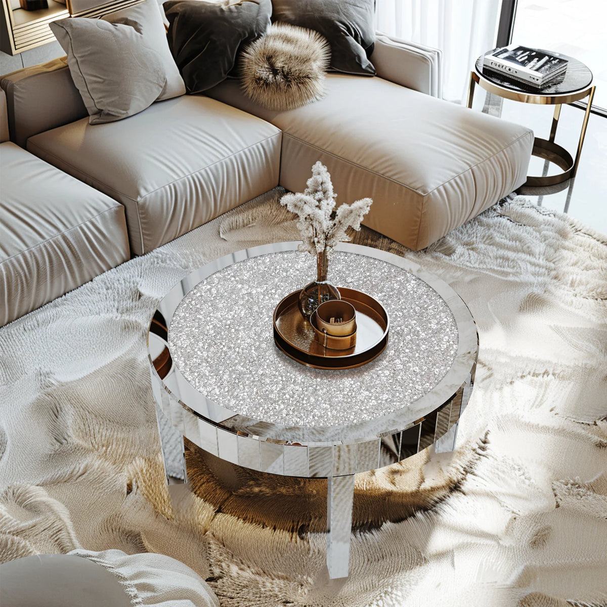 table basse moderne plateau verre strass argenté chic pieds acrylique salon minimaliste