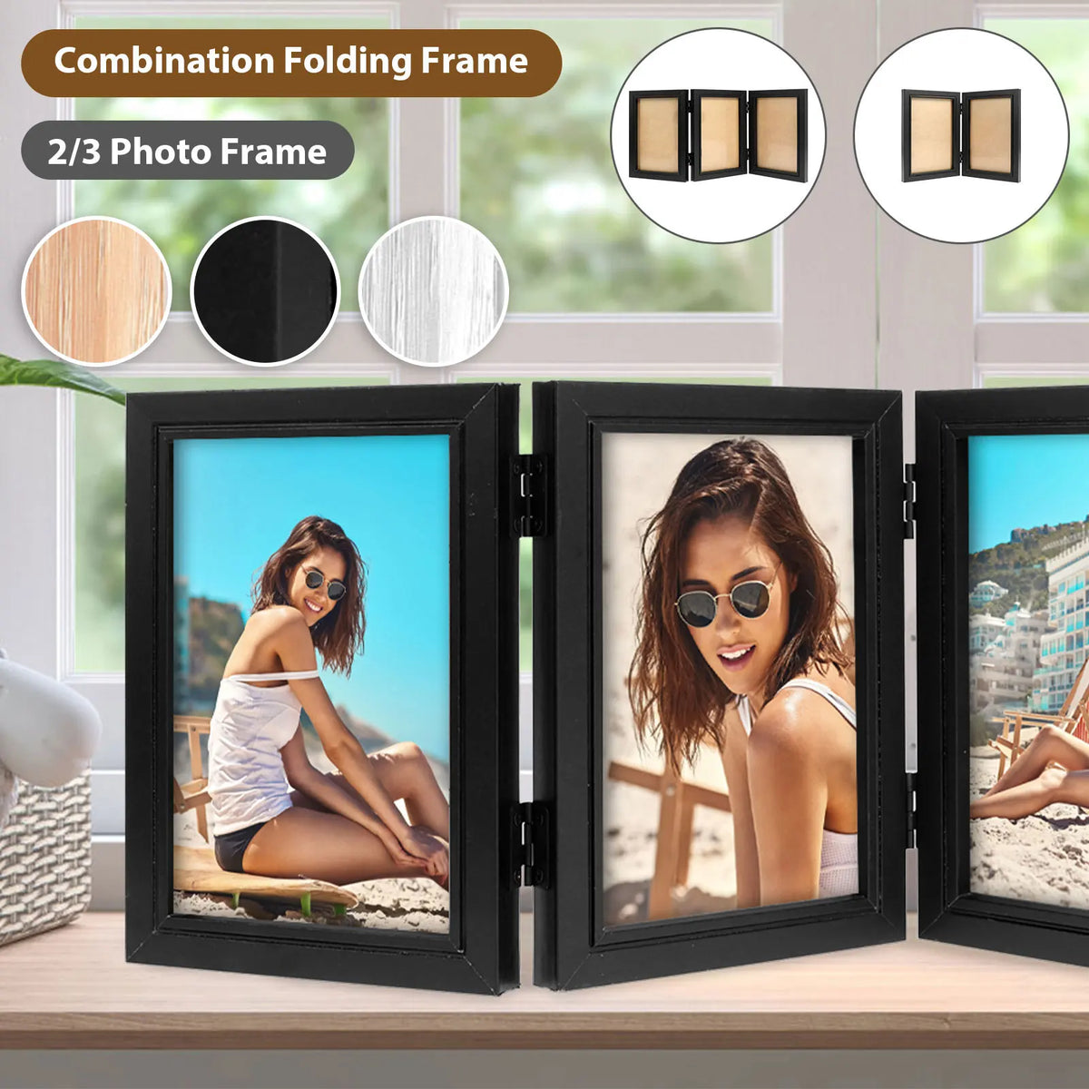 cadre photo pliable triple verre transparent charnières modernes noir bois clair minimaliste