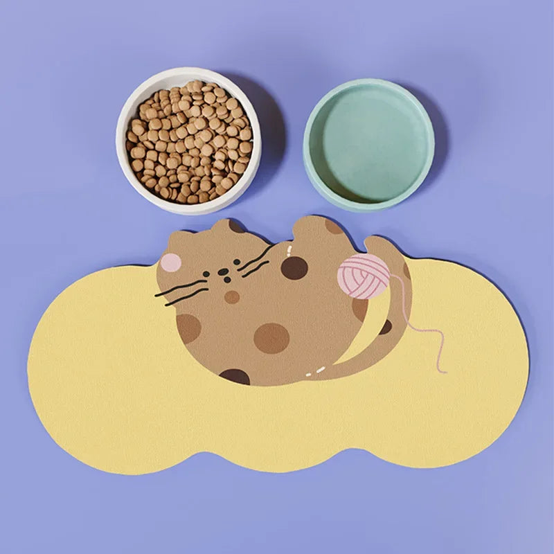 tapis imperméable animaux dessin chat jaune blanc gris adhésif bol inclusion
