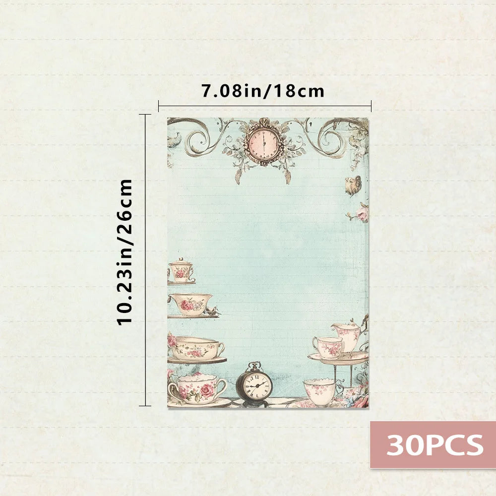 papier lettre vintage bleu clair motif horloges thé fleurs romantique ligné 30 feuilles