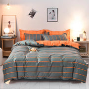 Housse de couette rayée grise et orange réversible Queen Size 3 pièces microfibre géométrique