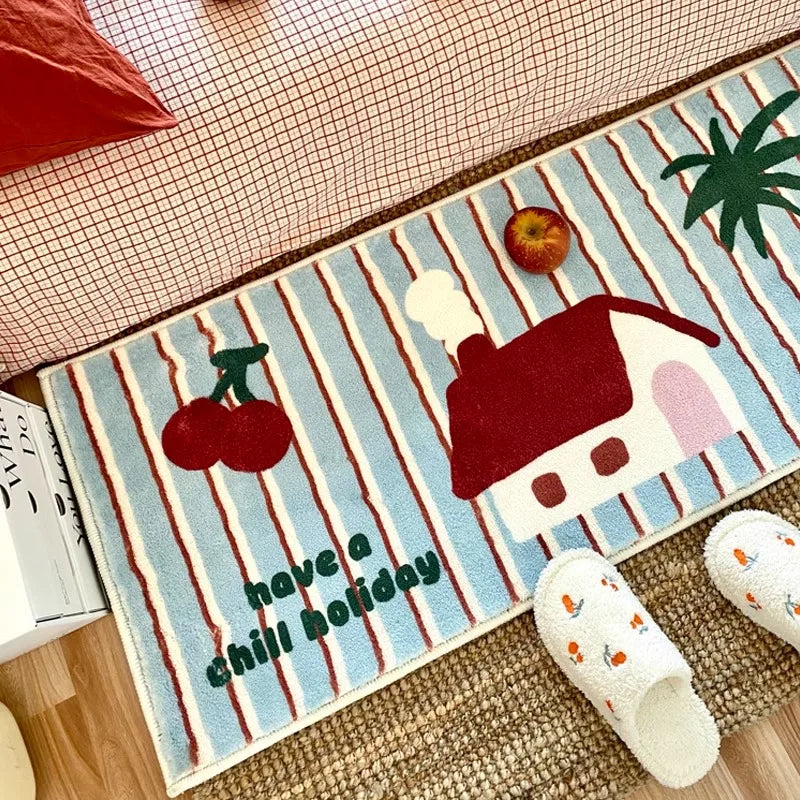 tapis doux rayures ours animé moderne chambre fille bleu blanc rouge vert marron