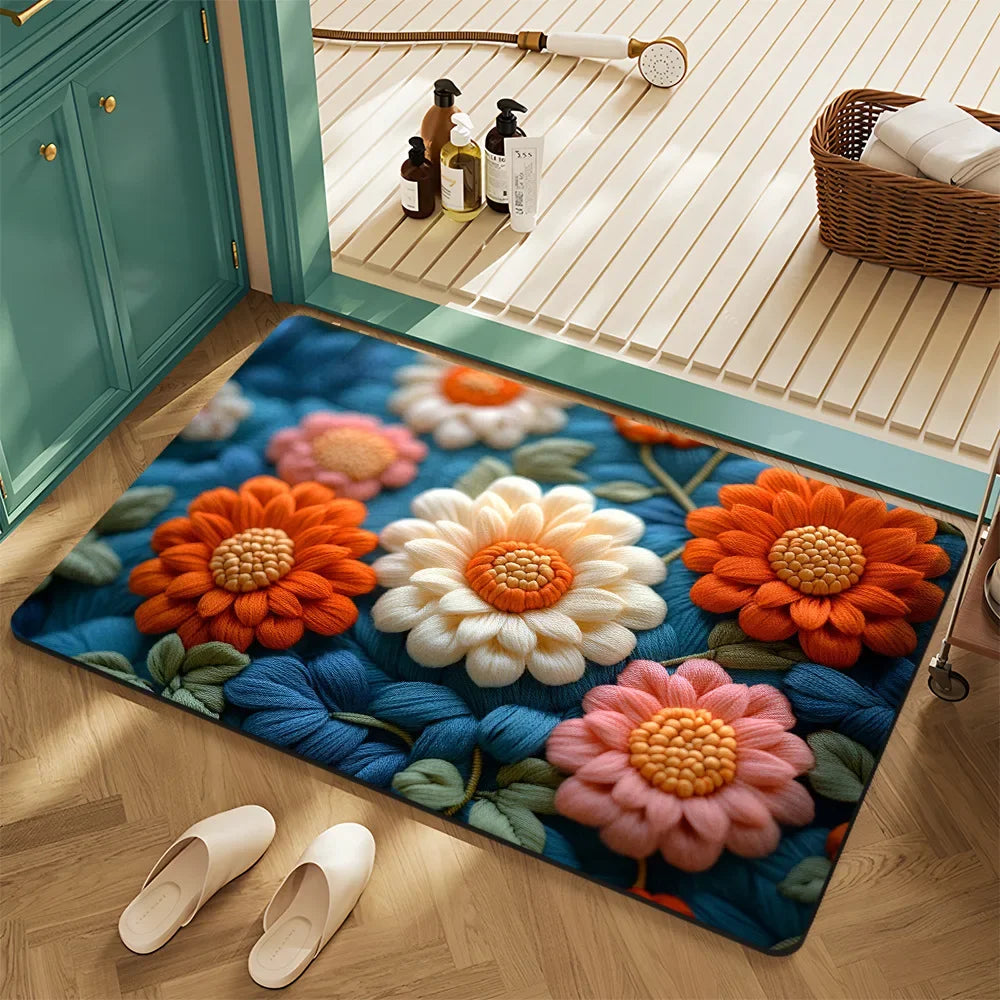 tapis moderne floral relief vert foncé rose blanc entrée bain lettres cœur feuilles