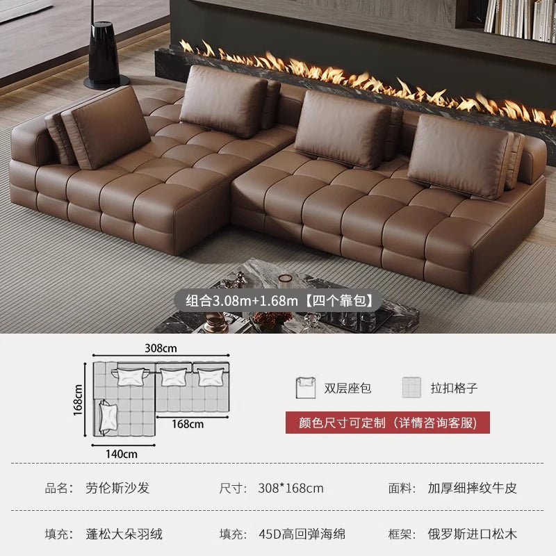 grand canapé angle cuir marron moderne coussins salon appartement luxe