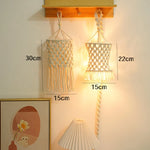 lampe suspendue boho macramé blanc cassé motifs géométriques boule bois franges decoration maison salon