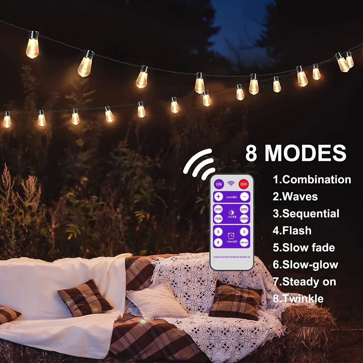guirlande lumineuse solaire extérieure modes ambrée filaments visibles télécommande led contemporaine