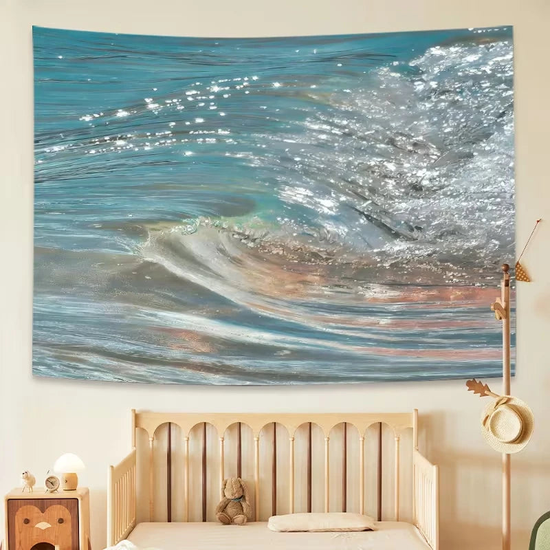 tapisserie murale moderne ondes mer bleu gris scintillement salon chambre 120x180cm