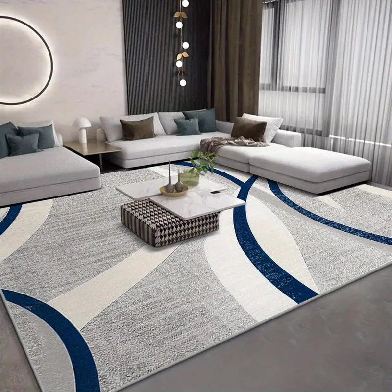 tapis moderne gris bleu marine motif géométrique doux antidérapant salon cuisine intérieur maison décoratif