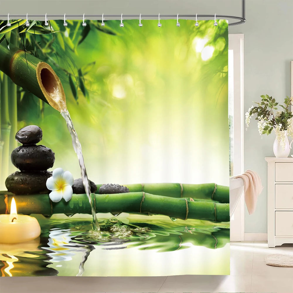 tapis bain antidérapants rideau douche bambou motifs naturels thème zen moderne vert blanc rose