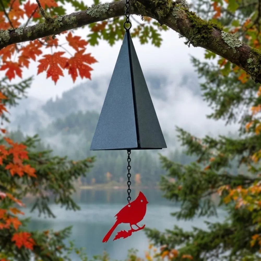 sonnette décorative rustique oiseau cardinal feuilles automne pierre brute métal noir rouge verteSuspense... Voici