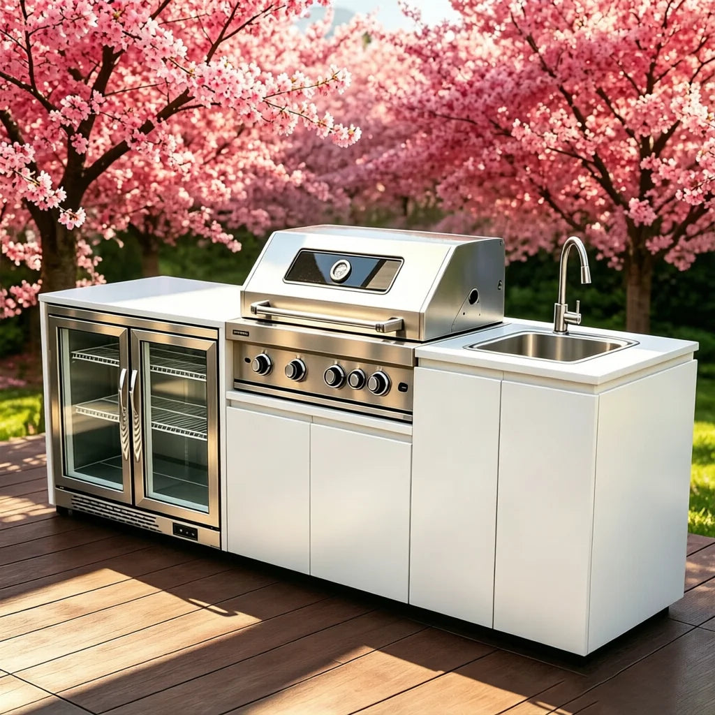 cuisine exterieure inoxydable blanc moderne evier grille cuisson portes vitrees respectueux environnement fonctionnelle